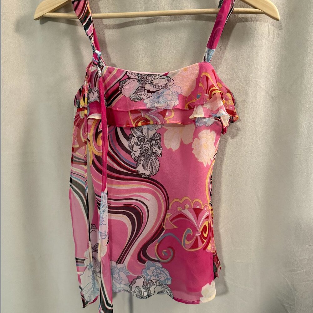 🌈 Y2K Express Sheer Swirl Print Ruffle Cami – Size 2 🌈